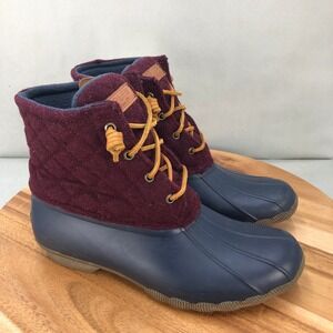 Sperry Saltwater Duck Boots Quilted Ankle Rain Boots Maroon Blue Womens 9.5 M